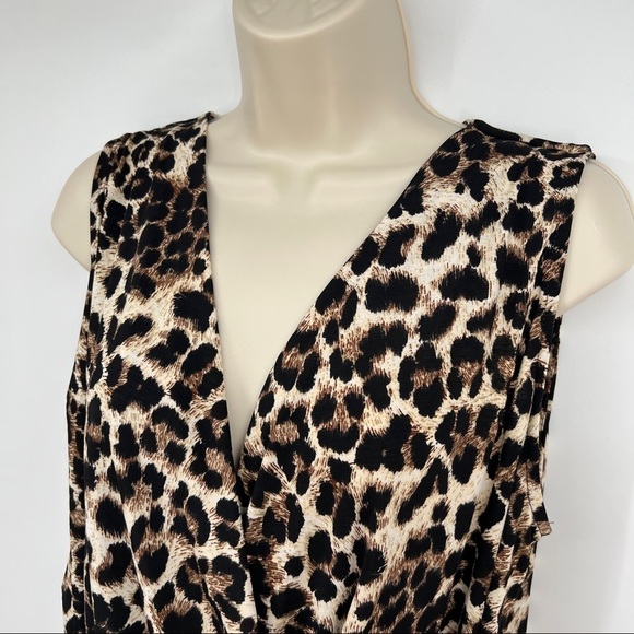 Beacon leopard gathered surplice wrap sleeveless flounce brown cream tank top. - Picture 2 of 9